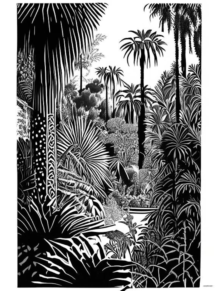Jardin Majorelle, Morocco Linocut Black And White Vintage