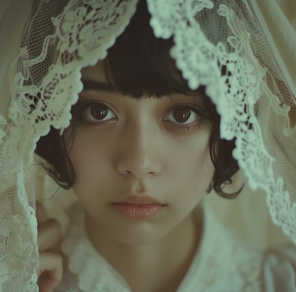 A Cinematic Still Of An A24 Film, Close Up Shot Of A Young Japanese Horror Film Heroine In Ethreal White And Lace Veil In Her Face With A Misty Background, Extremely Detailed, Conveying Emotional Expressionism, Religious Trauma, In T