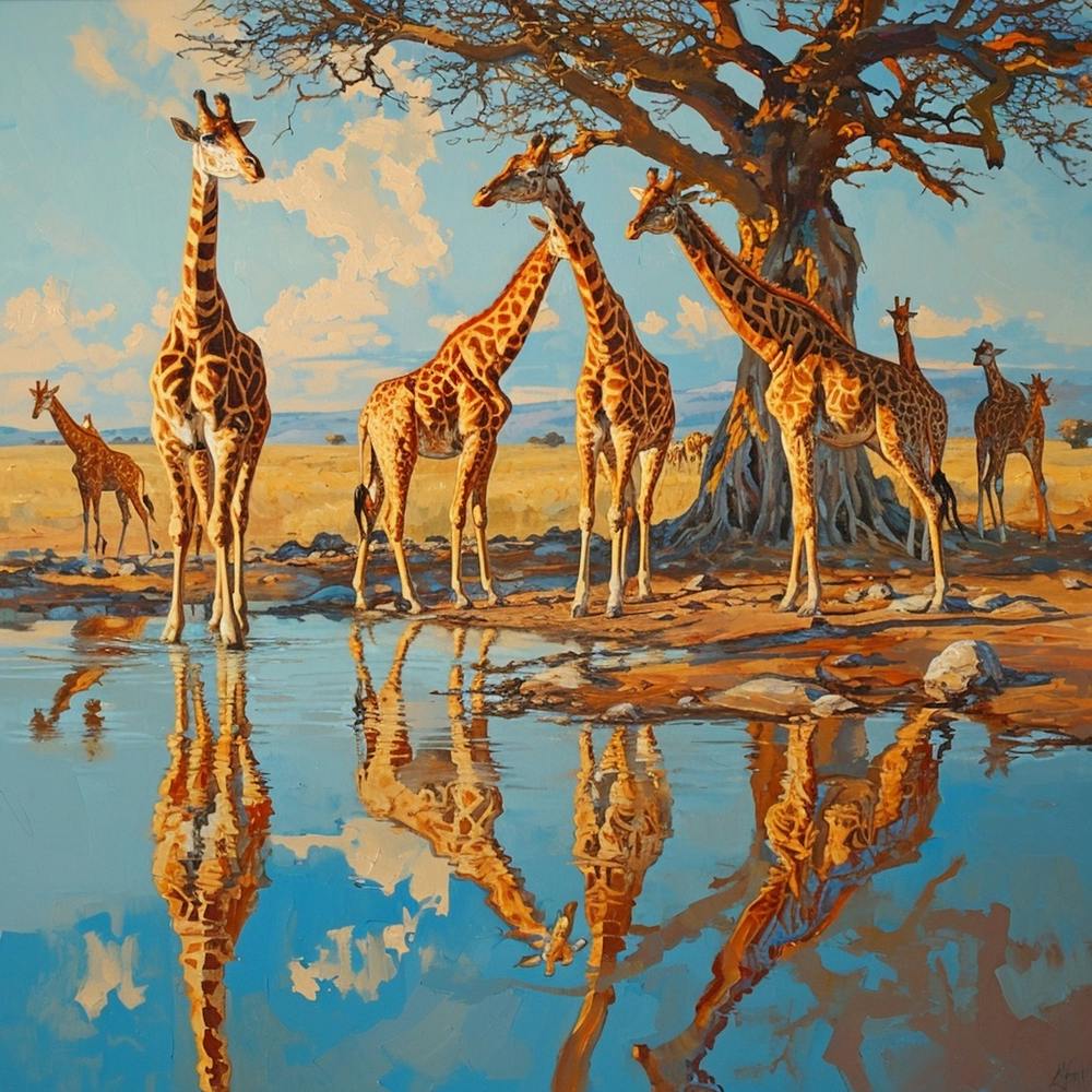 Herd Of Giraffes Reflection In The Lake