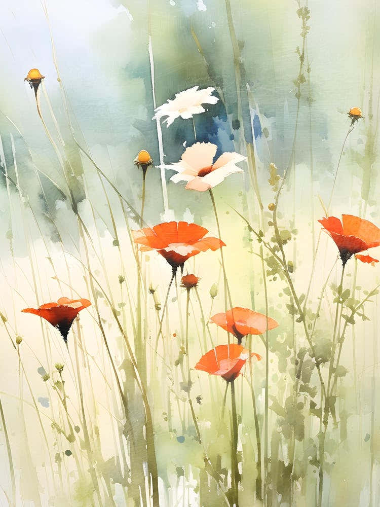 Poppies C, Wildflower Painting, Botanical Art