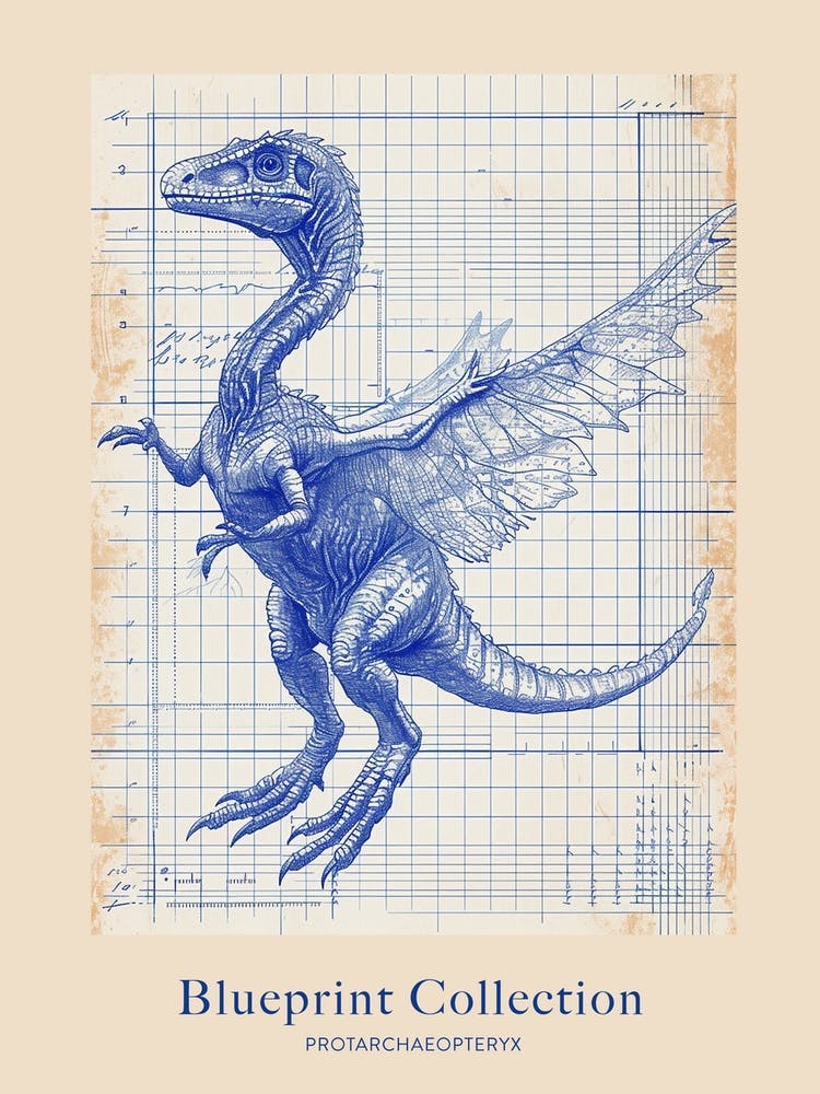 Protarchaeopteryx Dinosaur Blue Print Sketch 2 Poster