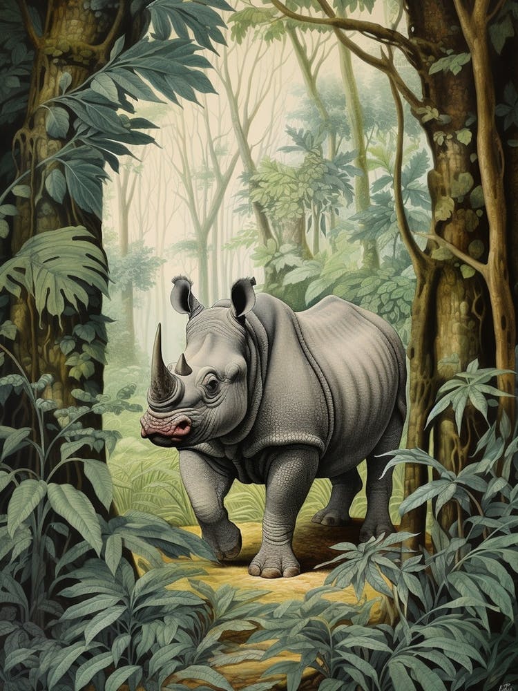 Rhino In The Green Leaves Realistic Illustration 6