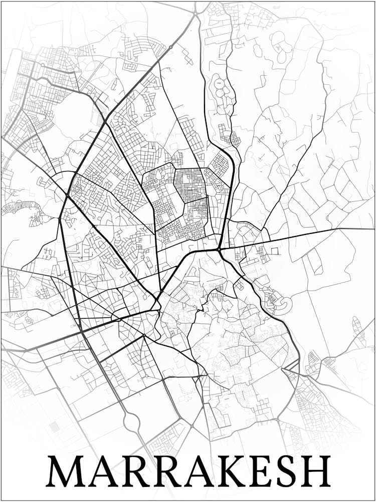 Marrakesh, Morocco, City Map, Black And White Fade Design