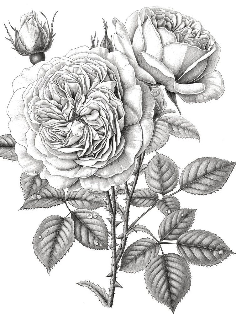 Rose With Dewdrops Line Drawing 1