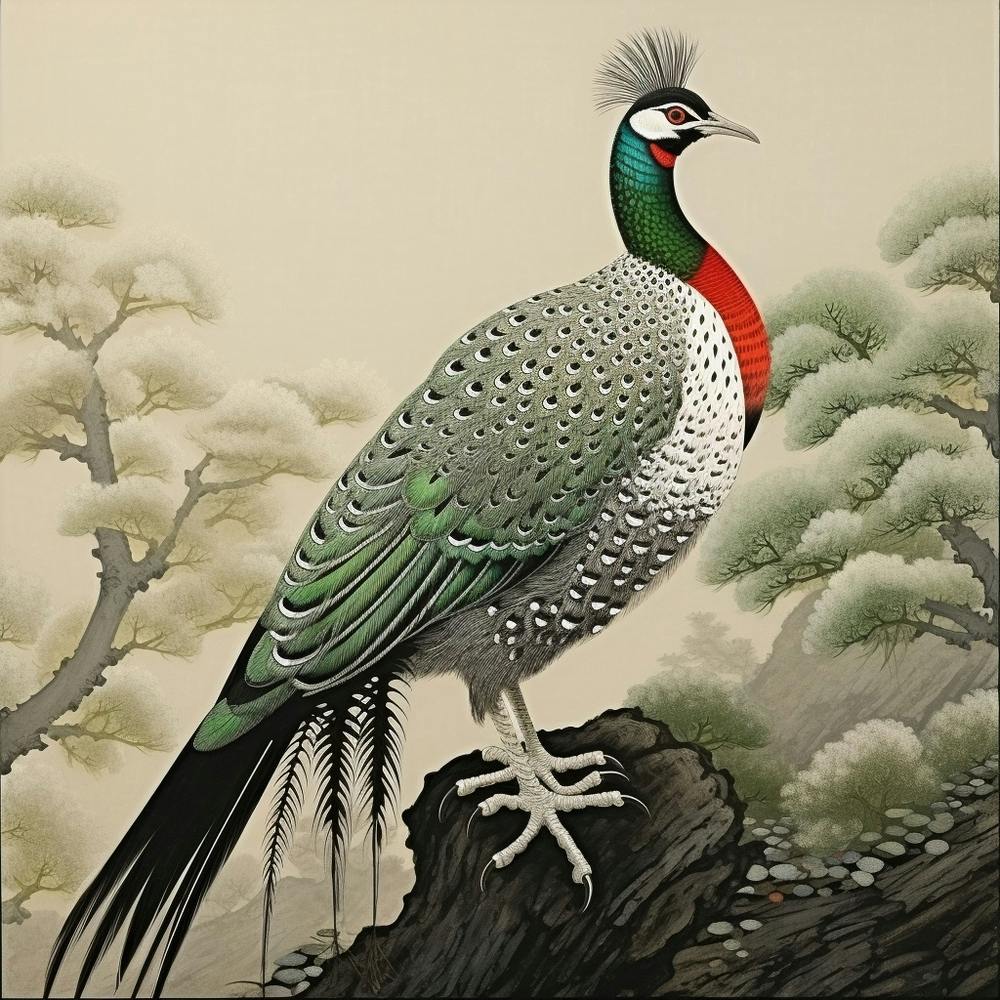 Ohara Koson Inspired Bird Painting Pheasant 2 Square