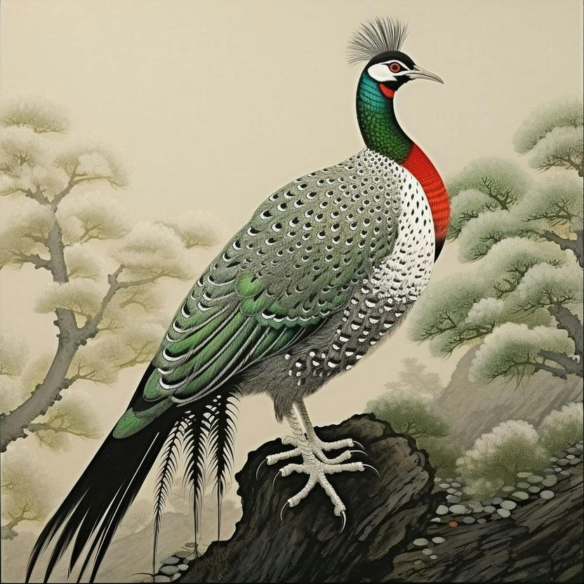 Ohara Koson Inspired Bird Painting Pheasant 2 Square