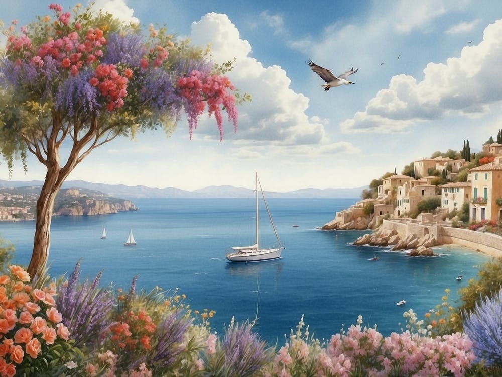 Oil Painting of Mediterranean Coastal Town