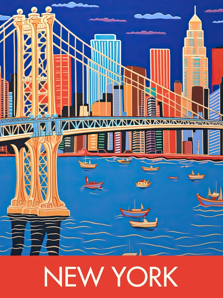 New York United States Bridge Travel Print Painting Cute