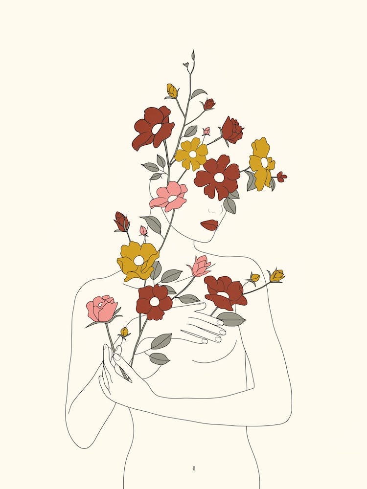 Colorful Thoughts Minimal Line Art Woman With Wild Roses