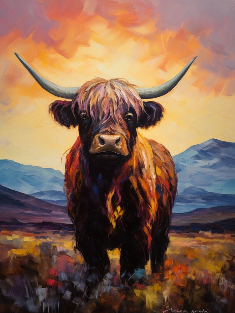 Warm Tones Impressionism Style Paintingh Of Highland Cow In The Valley 3