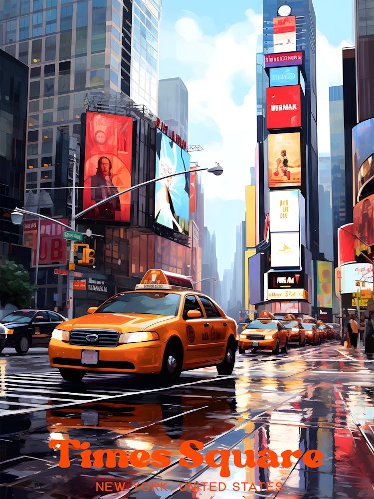 Times Square New York Taxi Modern Travel Art