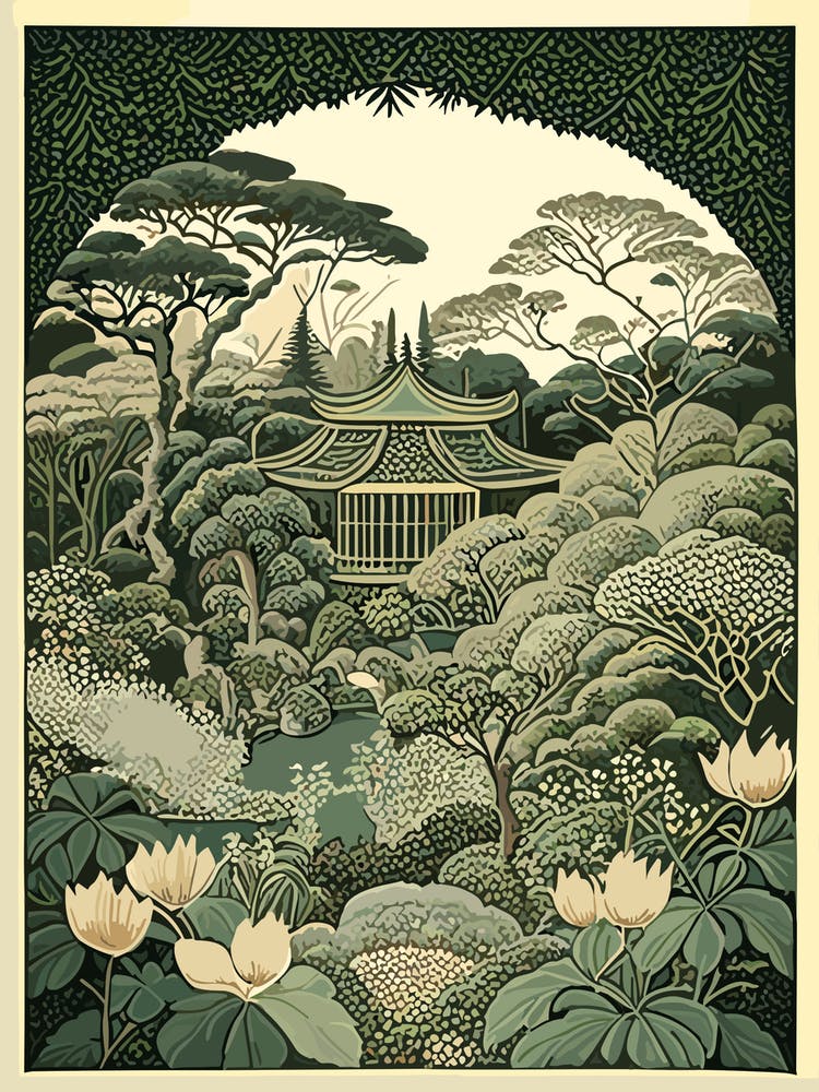 Ryoan Ji Garden, Japan Vintage Botanical
