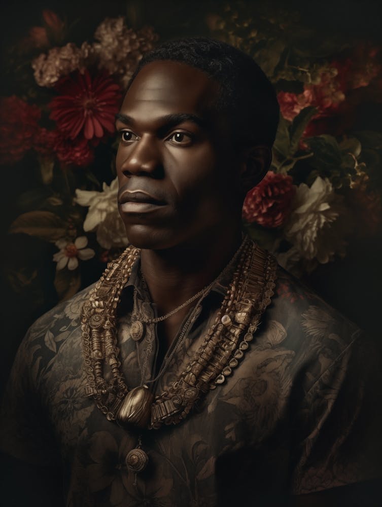 Moody Portrait Of A Man With A Head Adorned With A Dense Arrangement Of Flowers And Foliage