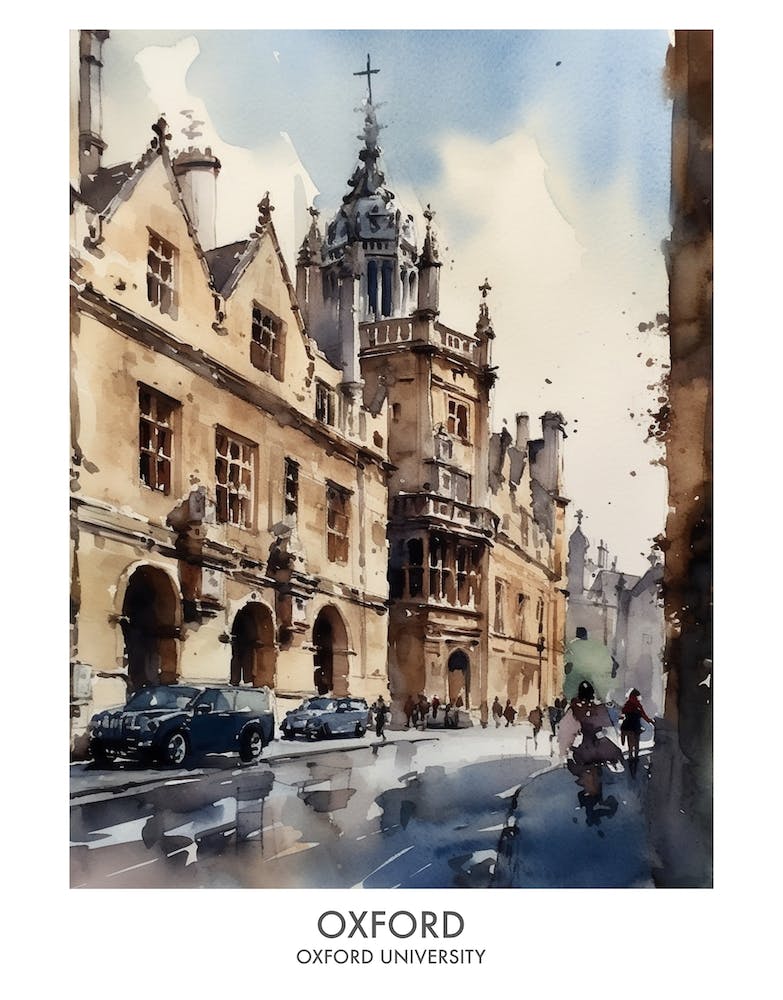 Oxford University 5 Watercolor Travel Poster