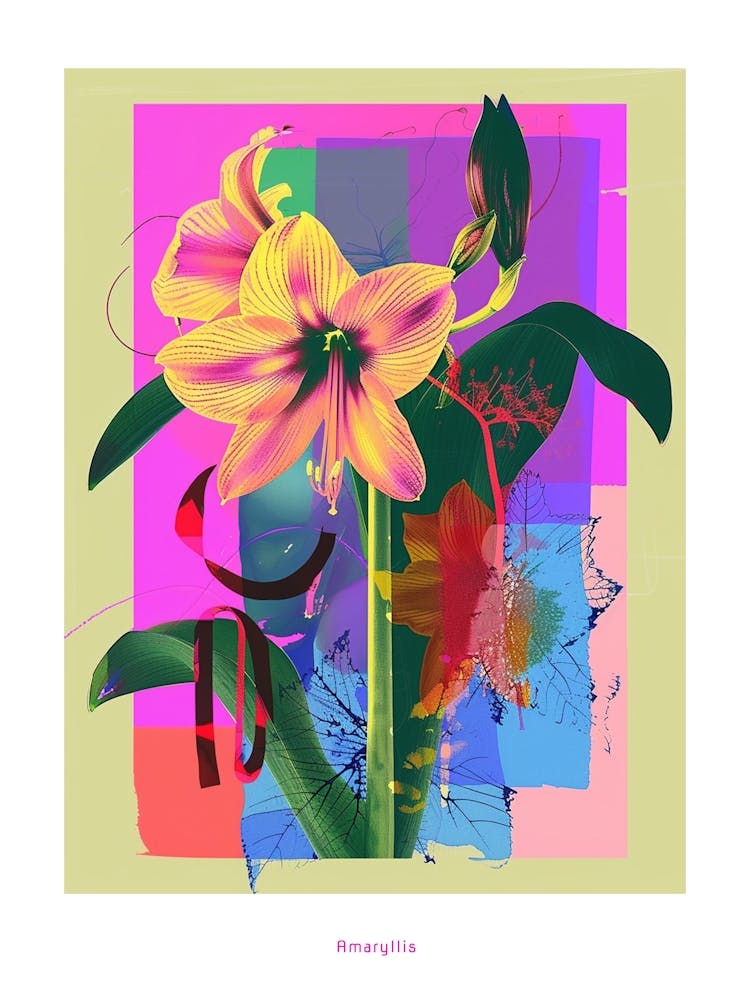 Amaryllis 5 Neon Flower Collage Poster