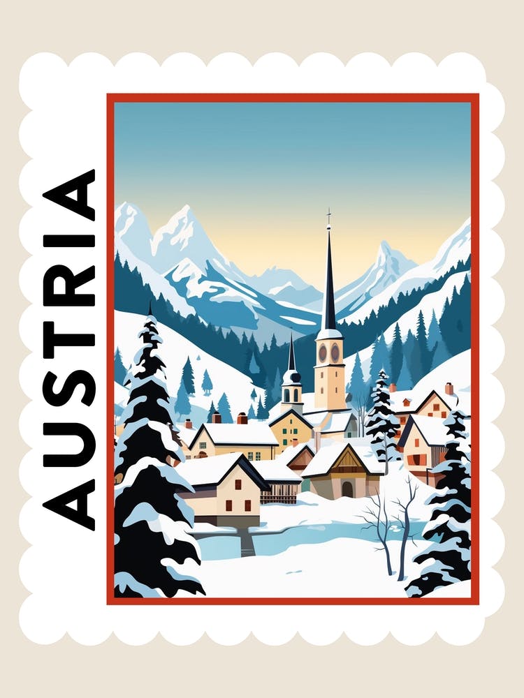 Retro Winter Stamp Poster Hallstatt Austria 1