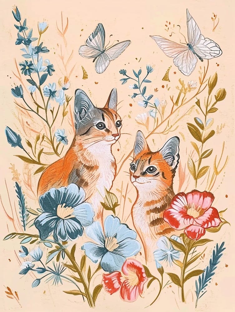 Dessin Animalier Floral d'Inspiration Folk - Chat 3