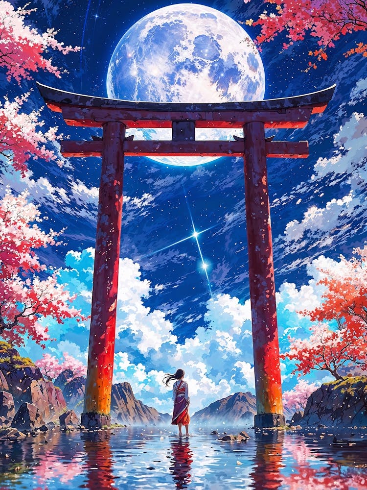 Japanese Moonlit Torii Landscape: A beautiful girl stands in a japanese landscape, gazing upwards towards a large, luminous moon. The figure is dressed in a traditional Japanese kimono, standing in front of a towering red torii gate, a traditional Japanese gateway. The gate is framed by a vibrant blue sky dotted with fluffy white clouds and a scattering of stars.
