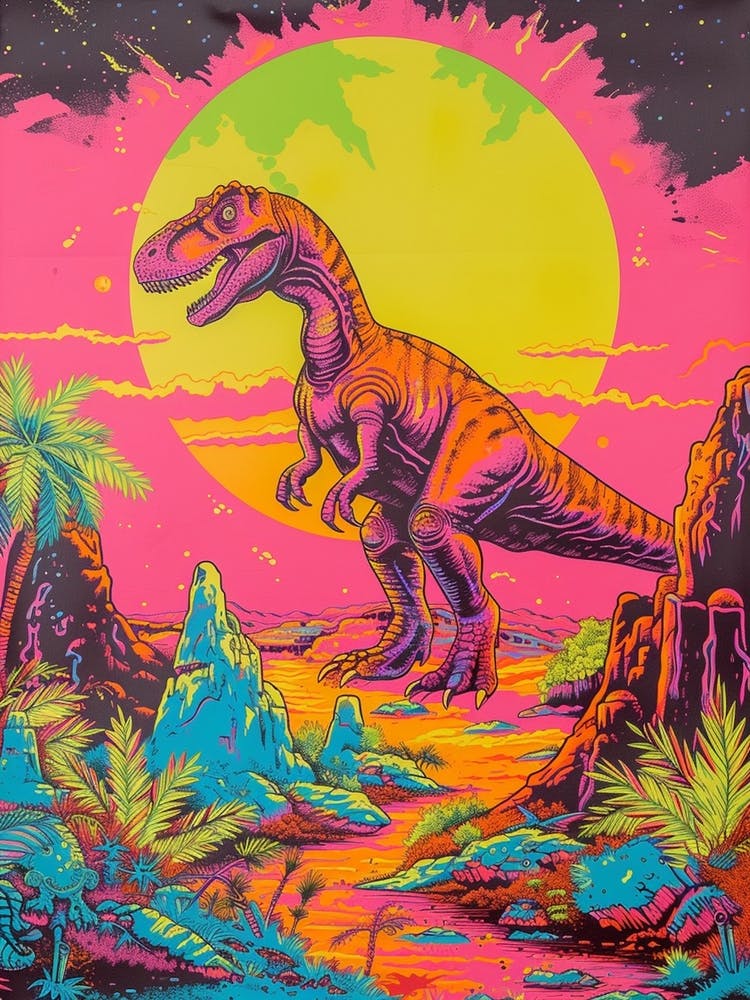 Neon Dinosaur At Night In Jurassic Landscape 3
