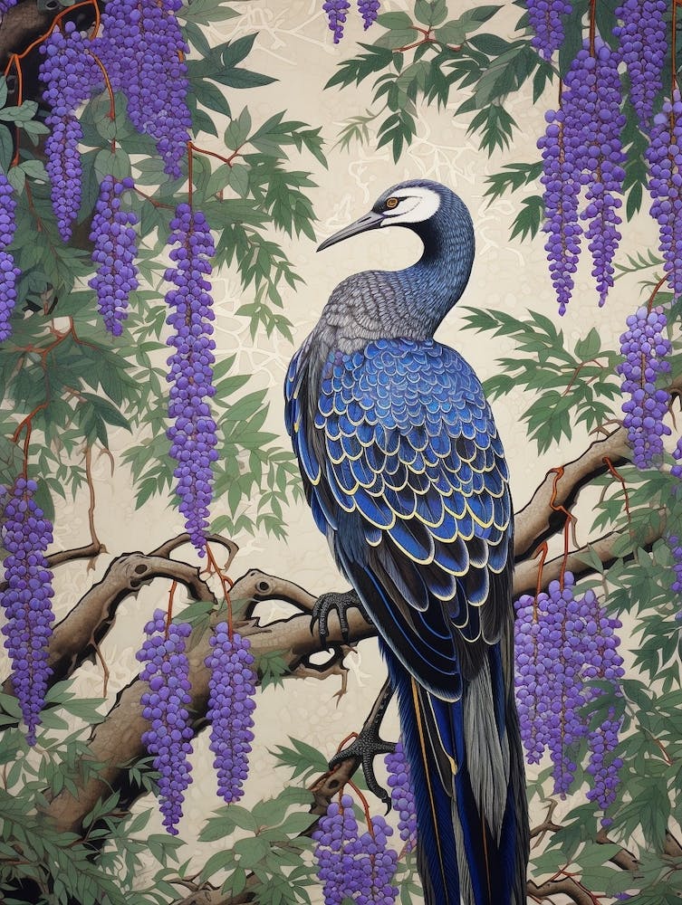 Fuji Wisteria And Bird Vintage Japanese Botanical