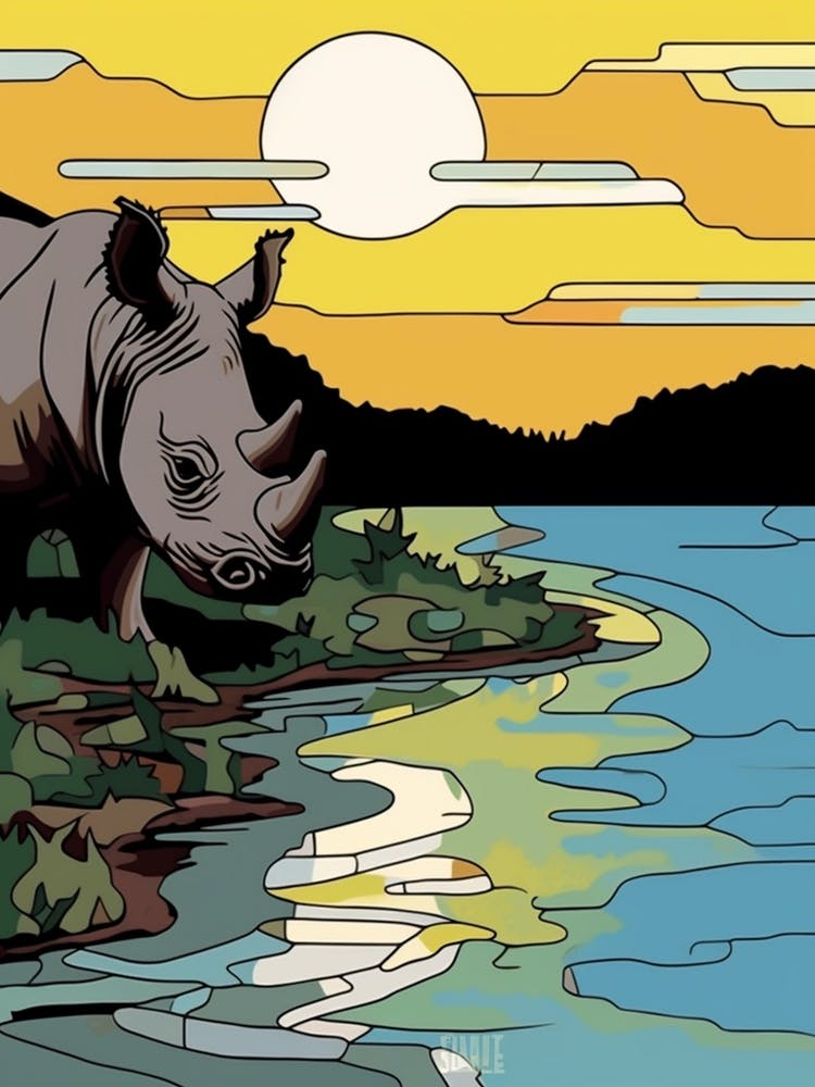 Rhinocéros dans la Nature Illustration Géométrique par Blocs de Couleur 1