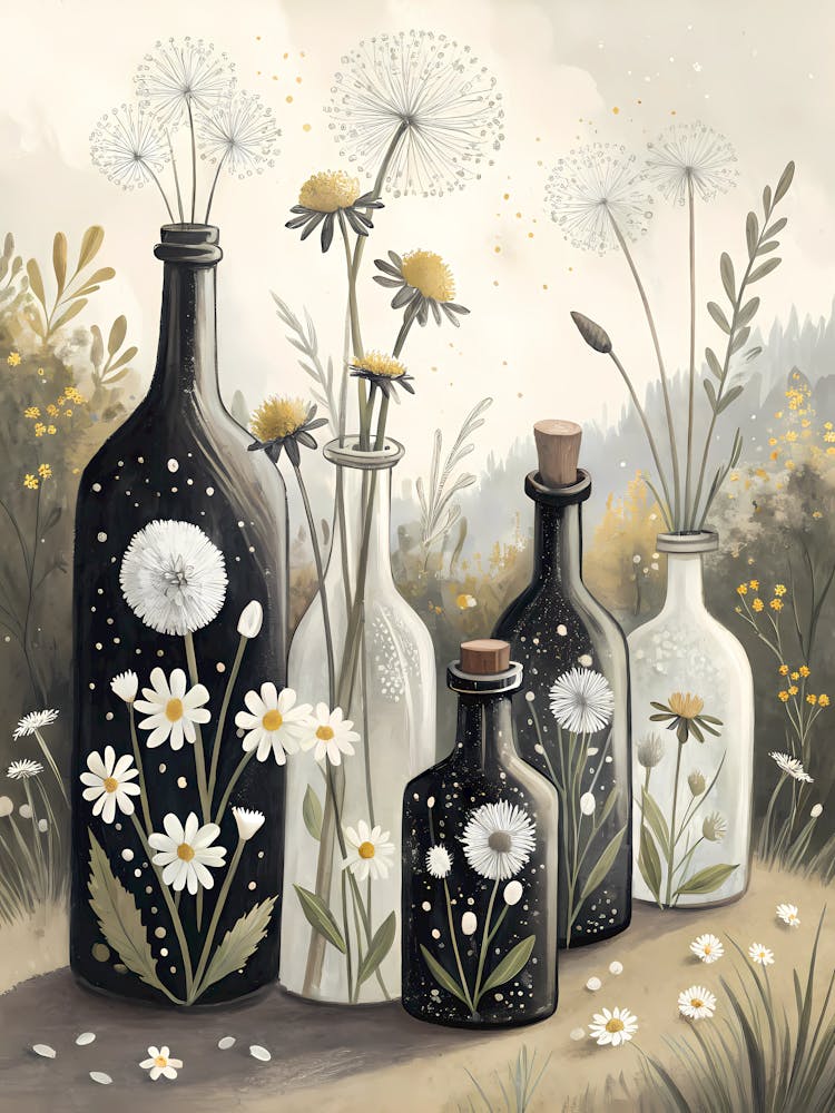 Whimsical Dandelion and Daisy Bottles Botanical Still Life oil Painting