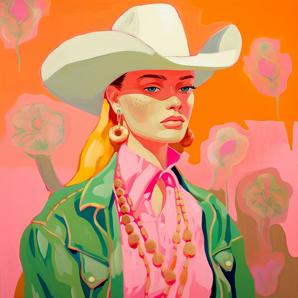 Abstract Pink Green Cowgirl Portrait