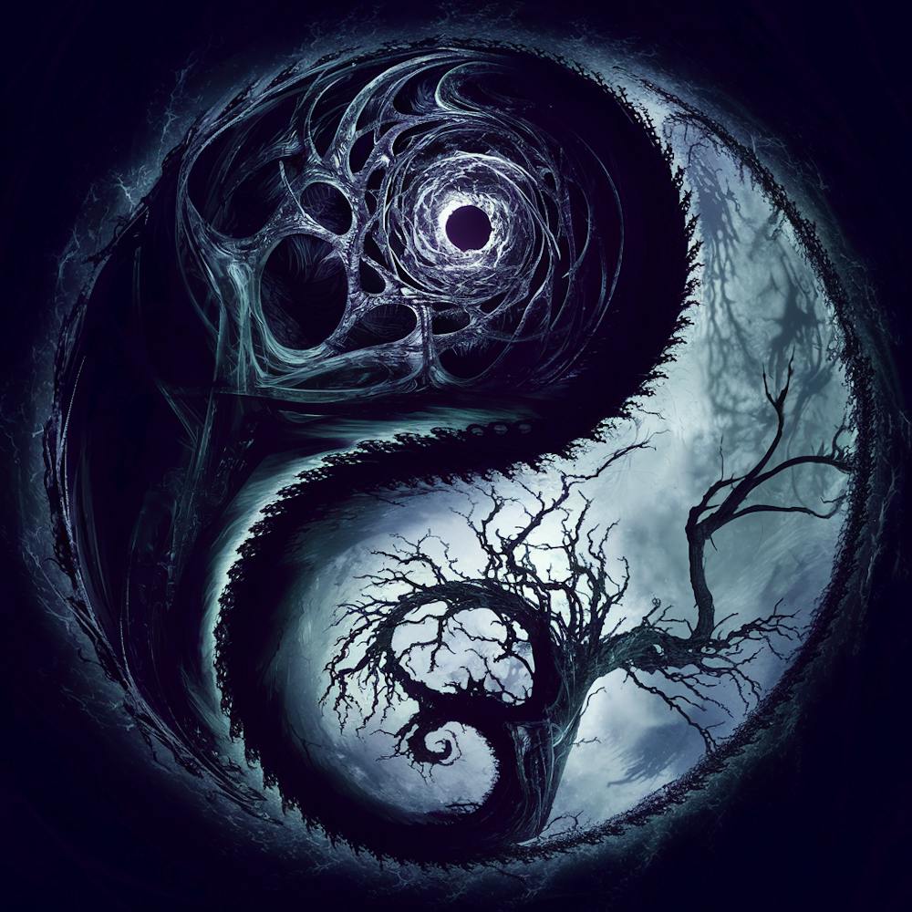 yin-yang fractal d'inspiration gothique imprégné d'un arbre sombre aux branches complexes