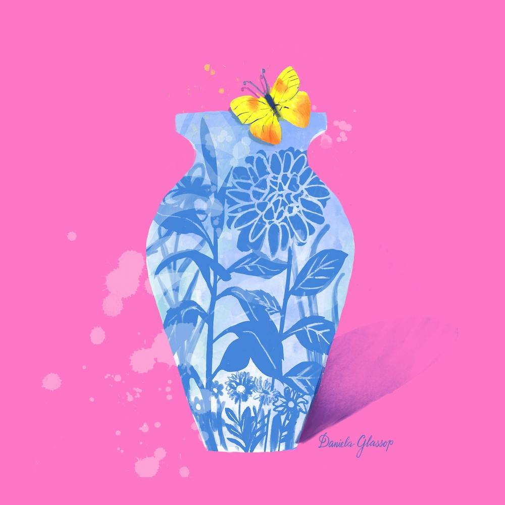 Blue Floral With Yellow Butterfly On Pink Square