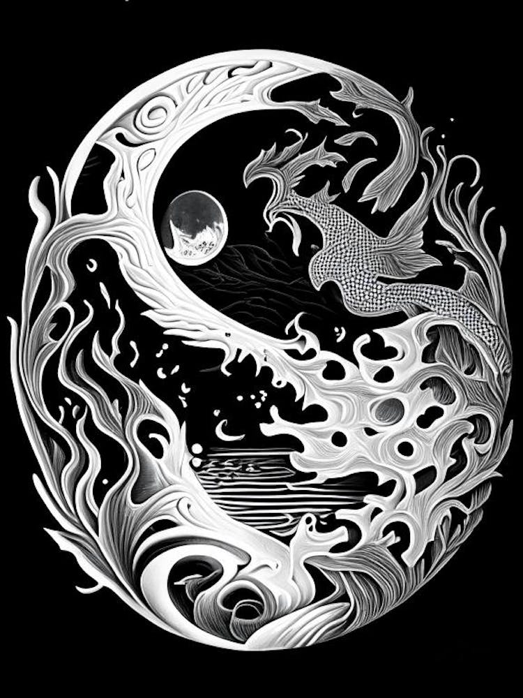 Feu Et Eau Yin et Yang - Linogravure