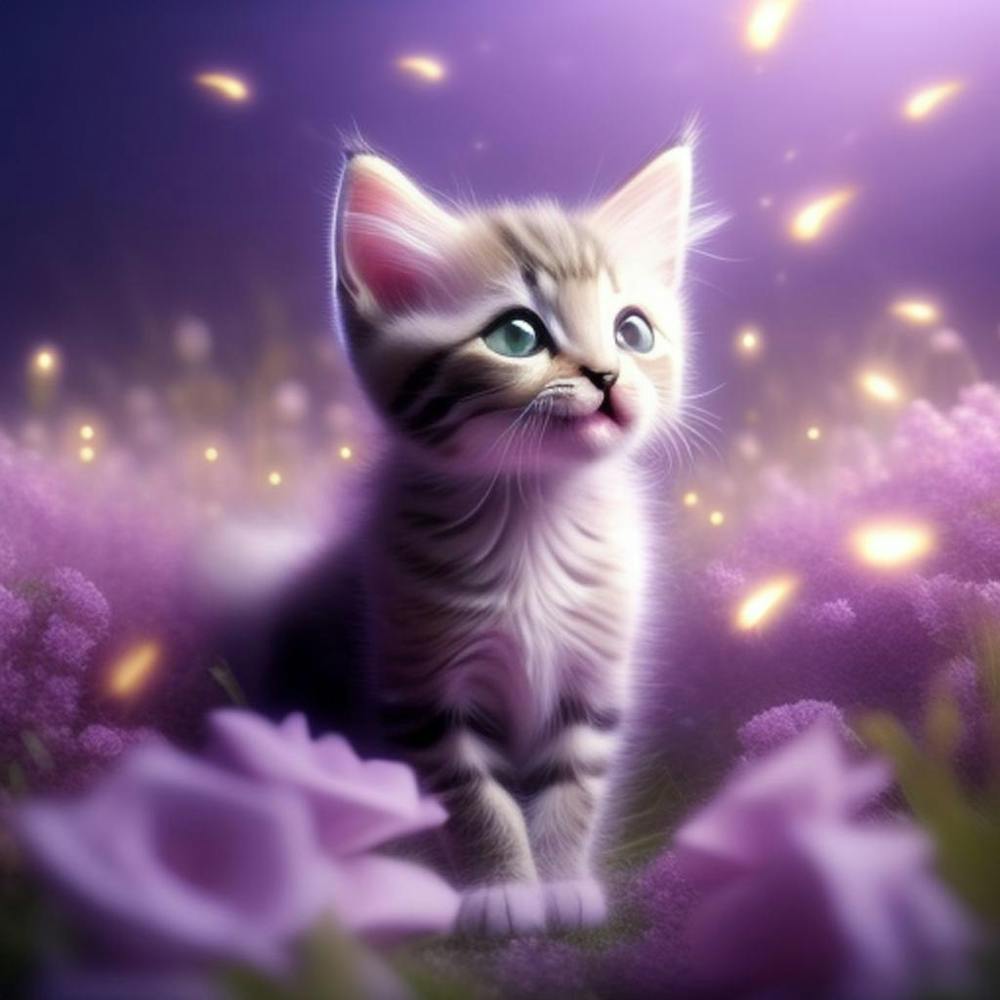 Ethereal Kitten In Purple Flowers