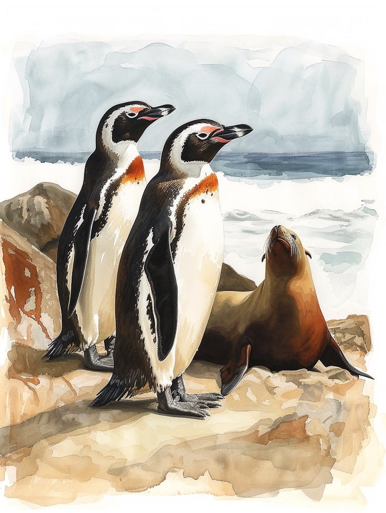Humboldt Penguin Sea Lion Island Watercolour Painting 1