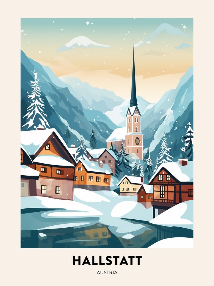 Vintage Winter Travel Poster Hallstatt Austria 1