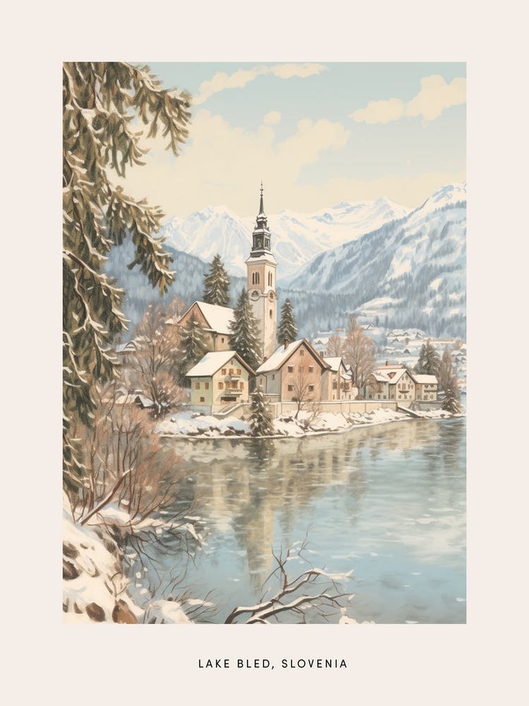 Affiche d'Hiver Vintage Lac Bled Slovénie 2
