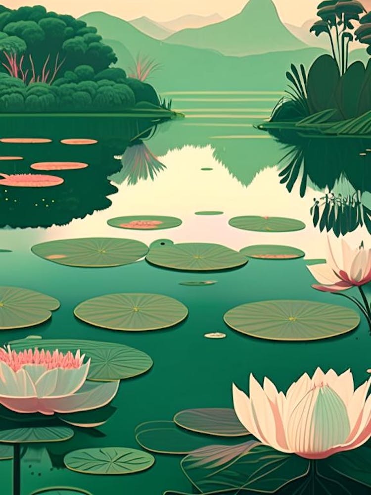 Water Lily Pond Landscapes Waterscape Retro Illustration 2