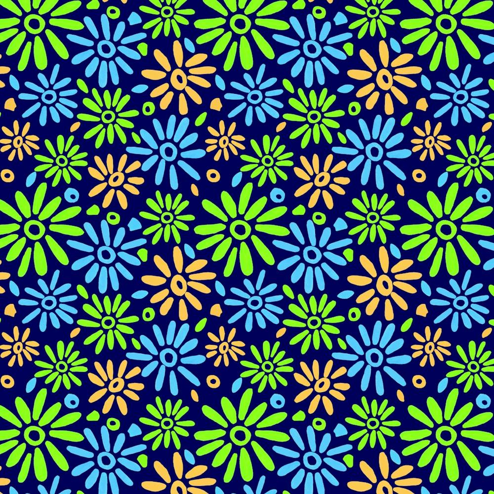 Ambiance Florale Joyeuse Citron Vert Turquoise Orange Sur Bleu Marine
