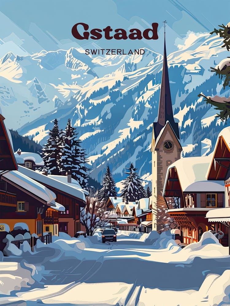 Gstaad Switzerland Snowy Art Illustration