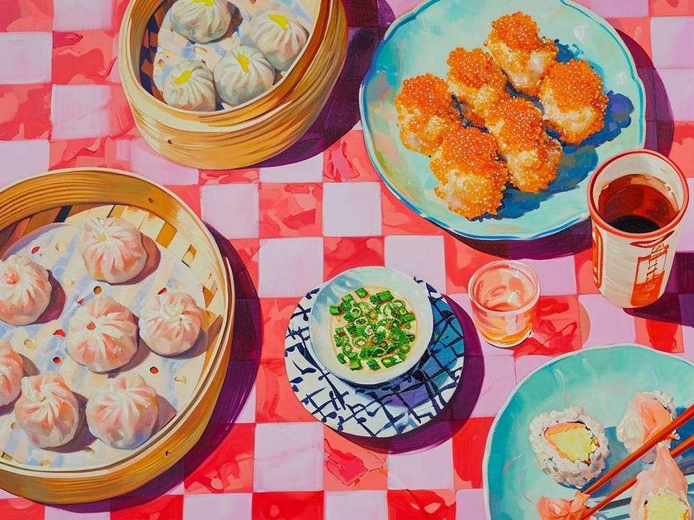 Dim Sum & Sushi Selection Pink Checkerboard 1