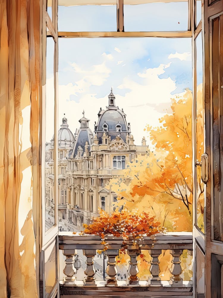 Window View Of Brussels Belgium In Autumn Fall, Watercolour 4