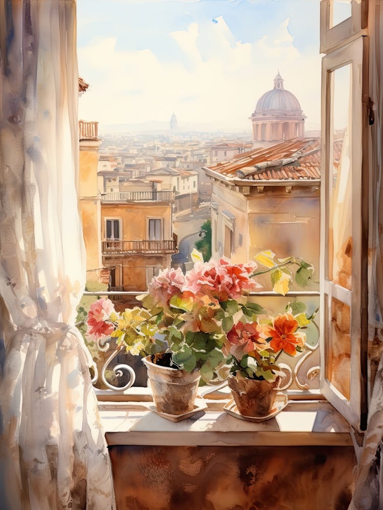 Window View Of Rome Italy In Autumn Fall, Watercolour 1