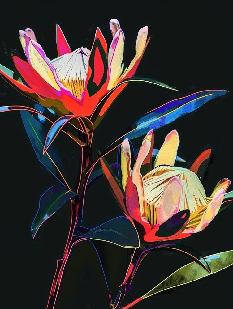 Neon Flowers On Black Protea 4