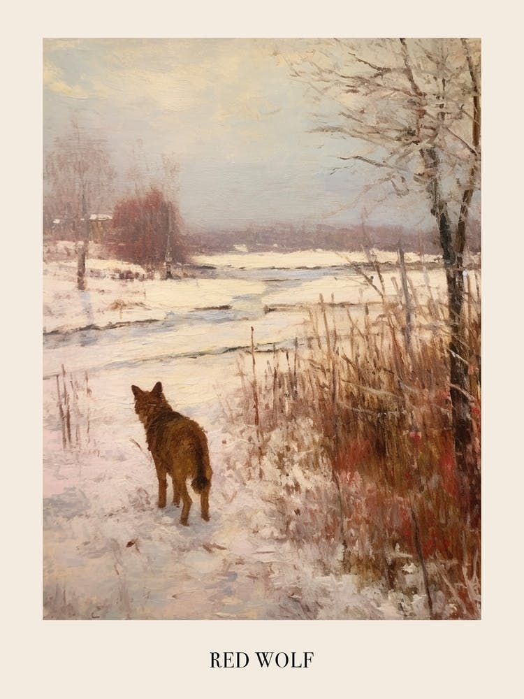 Vintage Winter Animal Painting Poster Red Wolf 4