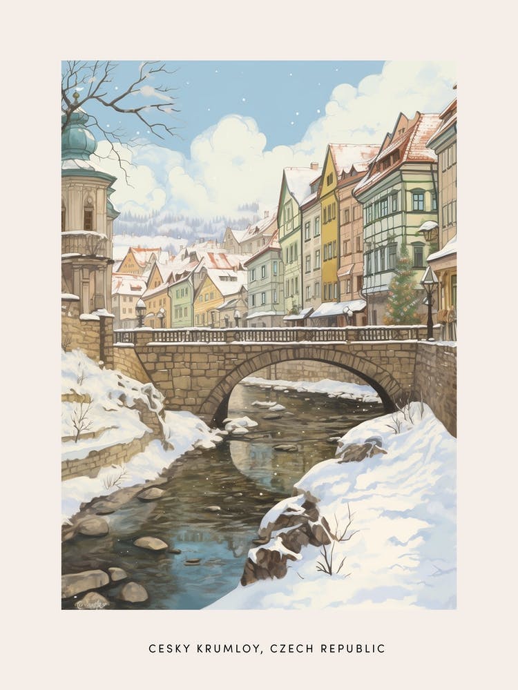 Vintage Winter Poster Cesky Krumloy Czech Republic 1