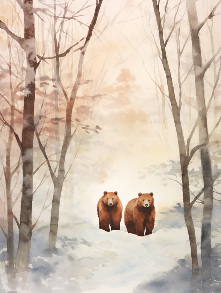 Winter Watercolour Brown Bear 1