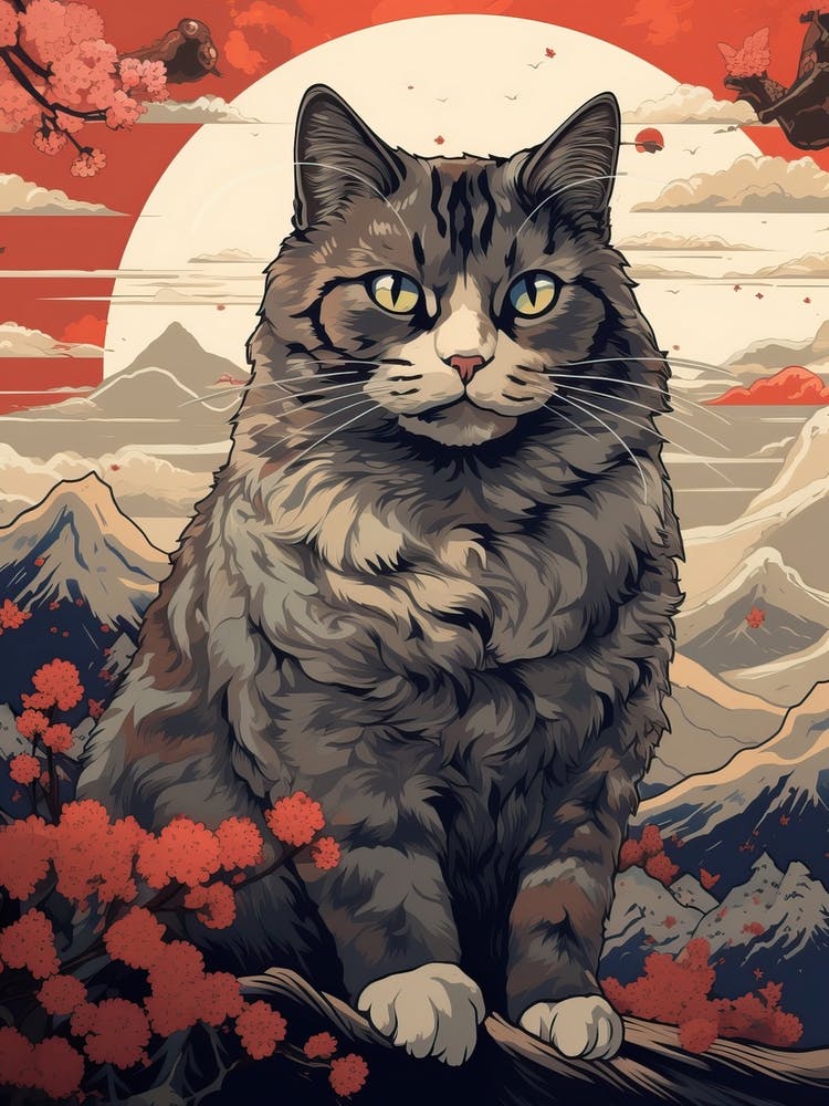 Cat Animal Drawing In The Style Of Ukiyo E 1