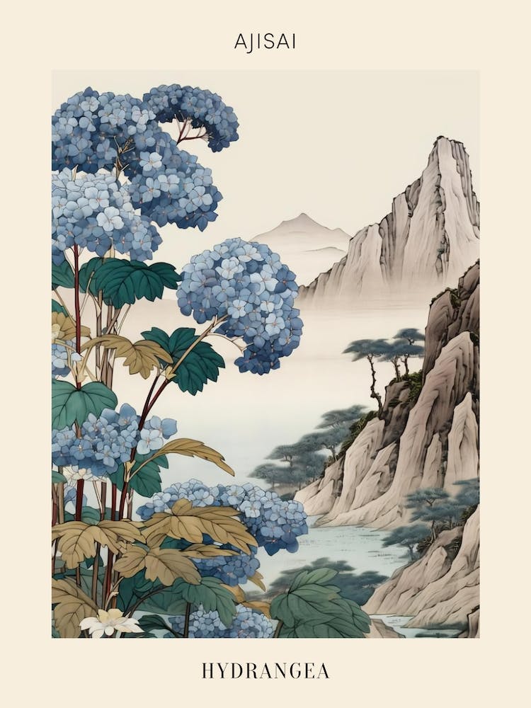 Ajisai Hydrangea 3 Japanese Botanical Illustration Poster