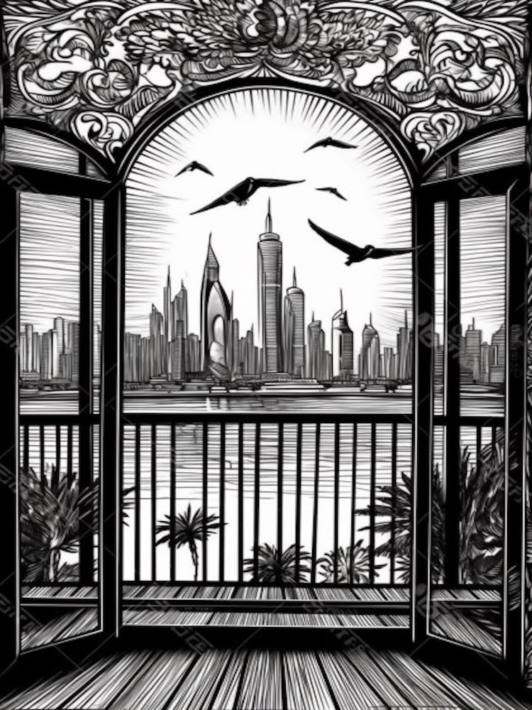 Window View Of Dubai United Arab Emirates   Black And White Colouring Pages Line Art 1