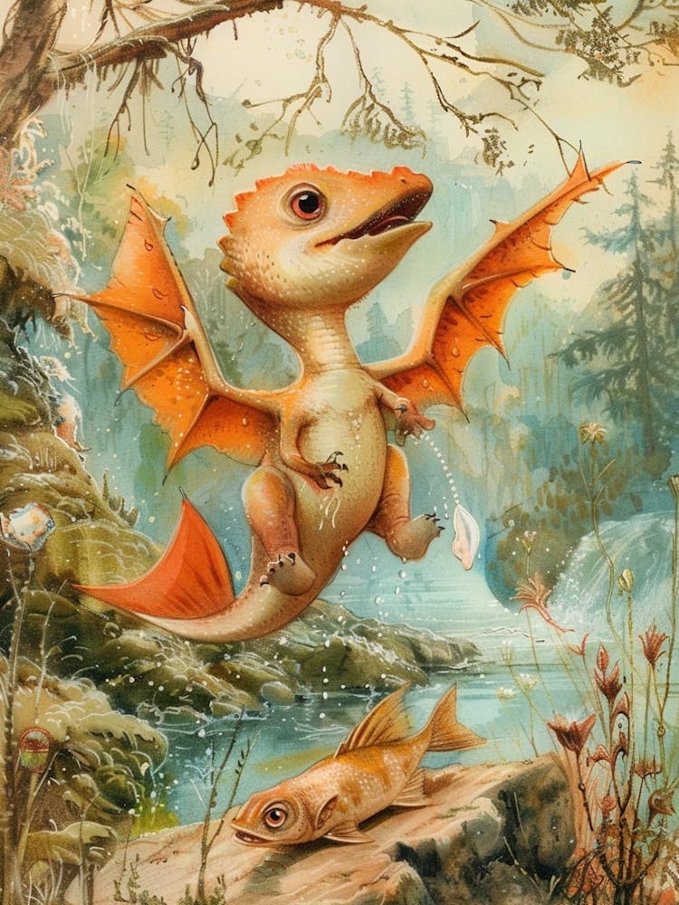 Baby Dinosaur With Wings Catching A Fish Storyboo Style