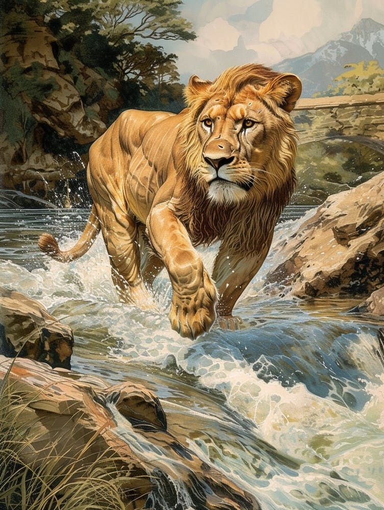 Barbary Lion Relief Illustration Crossing A River 1