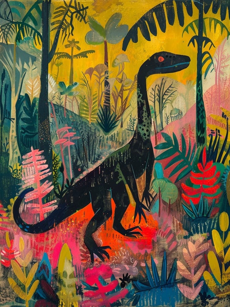 Colourful Dinosaur In A Jungle Painting 1